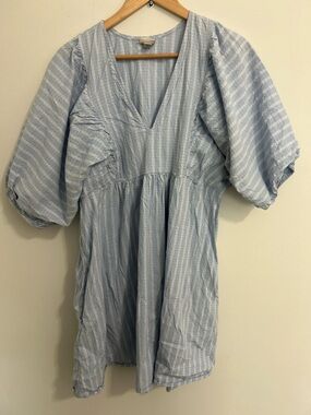 a new day Light Blue White Striped V-Neck Dress pockets puffy sleeves derby day